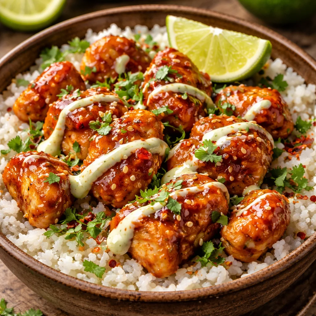 Sweet Chili Chicken Bowl topped with Coconut Lime Drizzle