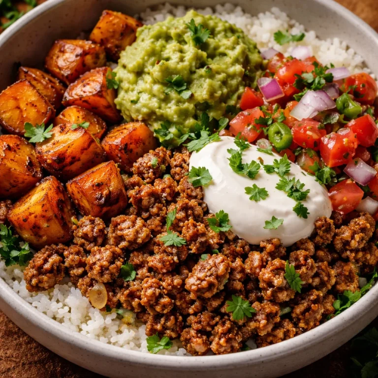 Colorful sweet potato taco bowl topped with fresh ingredients and spices