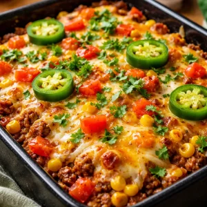 Delicious Taco Bake Casserole served in a dish, topped with cheese and fresh toppings