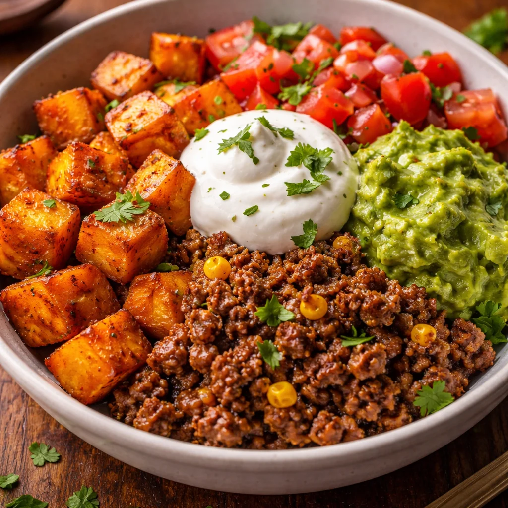 A colorful taco bowl filled with beans, vegetables, and toppings
