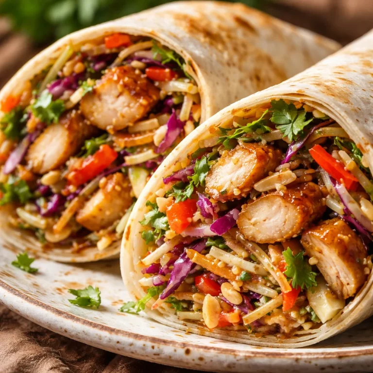 Thai Chicken Wrap with crunchy Asian slaw, fresh ingredients and vibrant colors