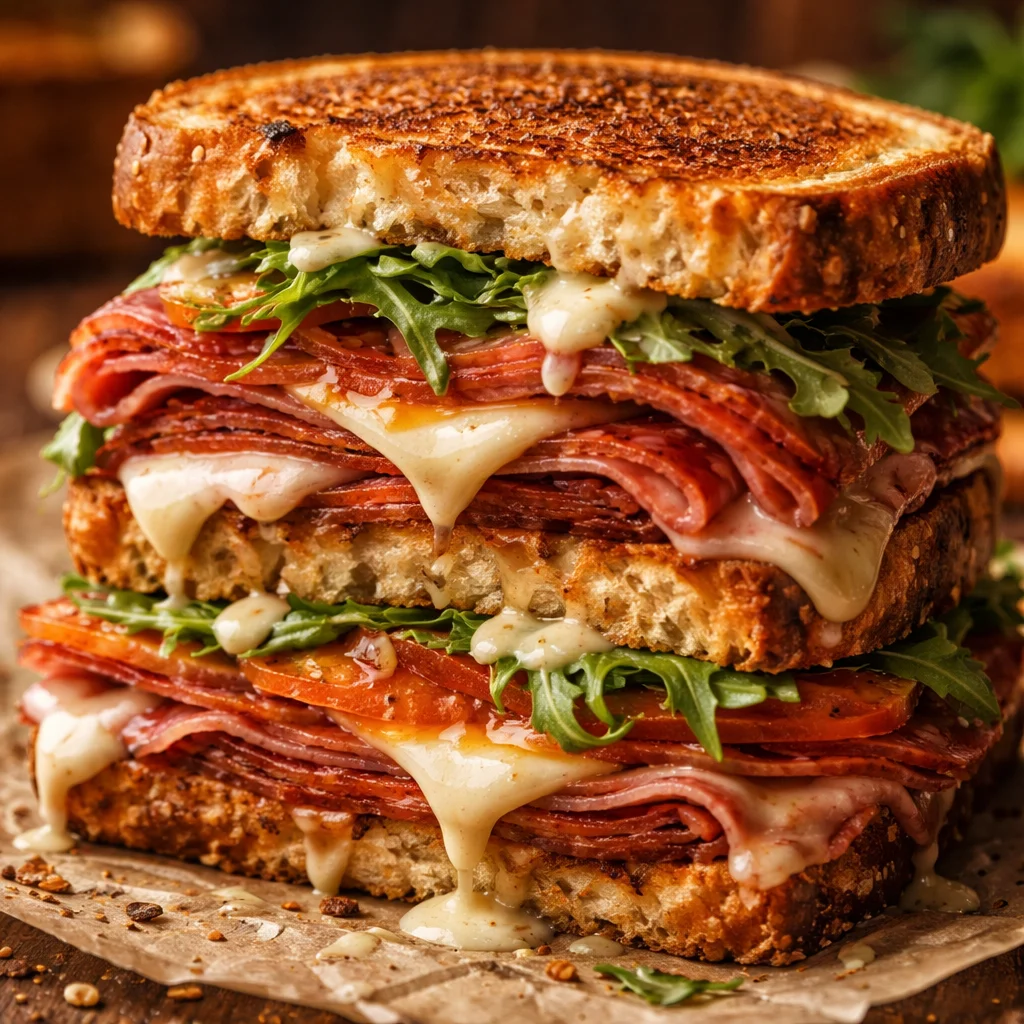 Toasted Italian sandwich melt with cheese and cured meats