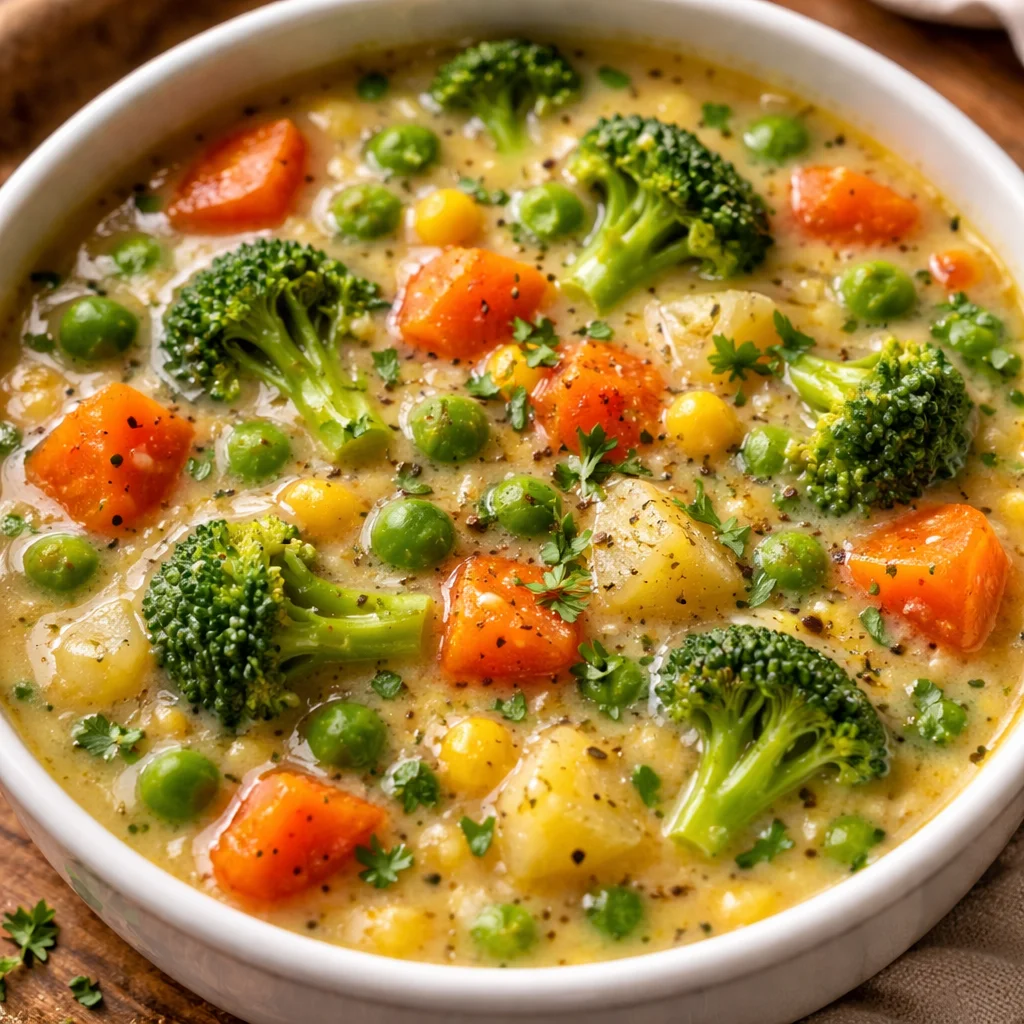 Delicious Veggie Pot Pie Soup in a bowl showcasing colorful vegetables