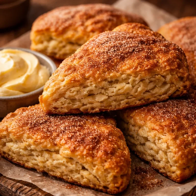Freshly baked warm cinnamon scones on a rustic wooden table