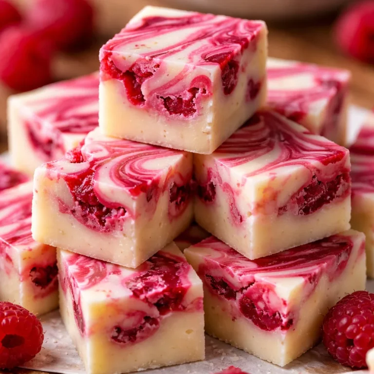 Delicious white chocolate raspberry fudge cut into squares on a plate