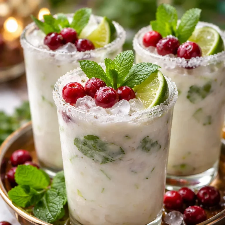 White Christmas Mojitos in a festive glass with mint and cranberries