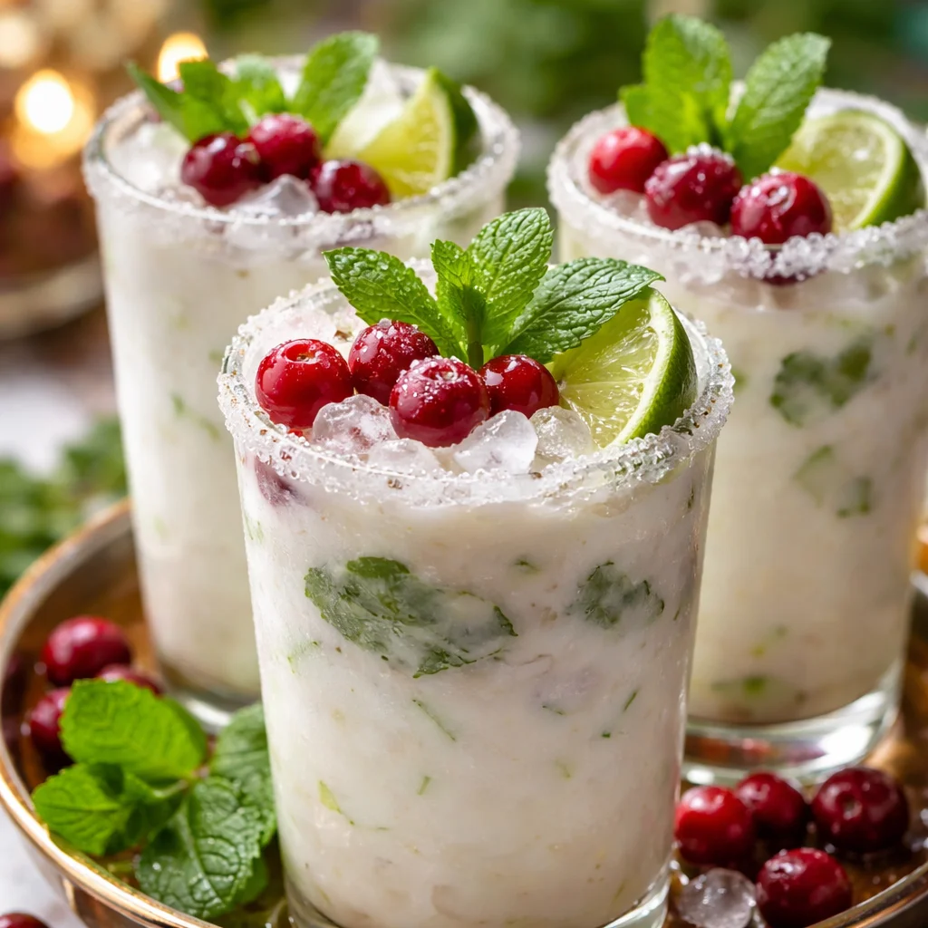White Christmas Mojitos in a festive glass with mint and cranberries