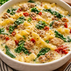 Bowl of creamy white lasagna soup topped with herbs and cheese