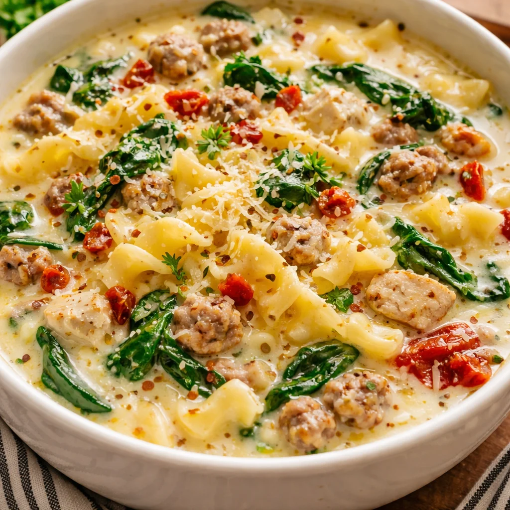 Bowl of creamy white lasagna soup topped with herbs and cheese