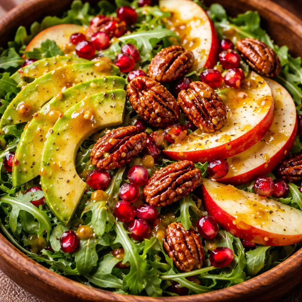 Winter Christmas Salad topped with honey mustard dressing and festive ingredients