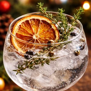 A refreshing Winter Wonderland Gin and Tonic served in a festive glass.