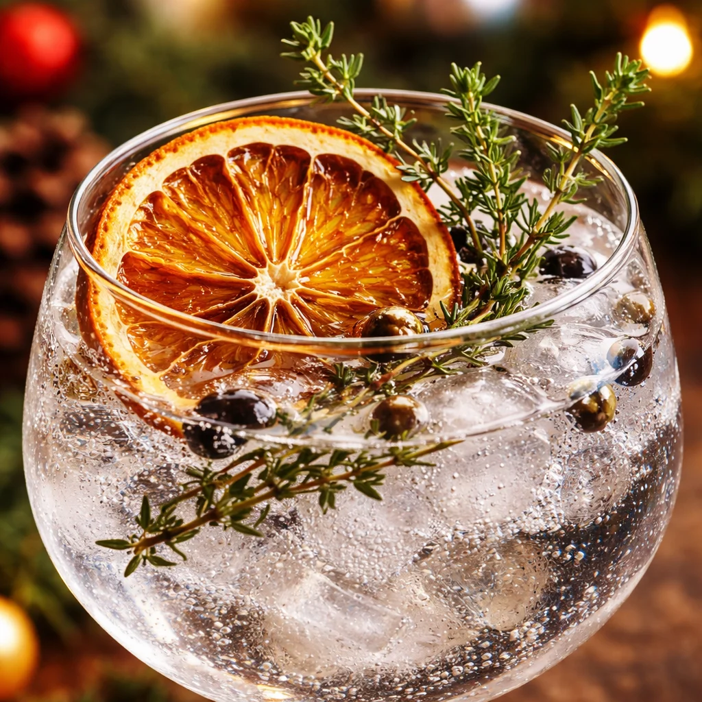 A refreshing Winter Wonderland Gin and Tonic served in a festive glass.