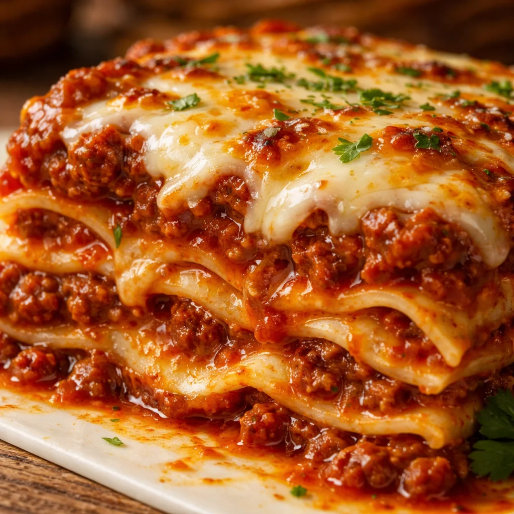 Deliciously layered lasagna with cheese, meat, and tomato sauce